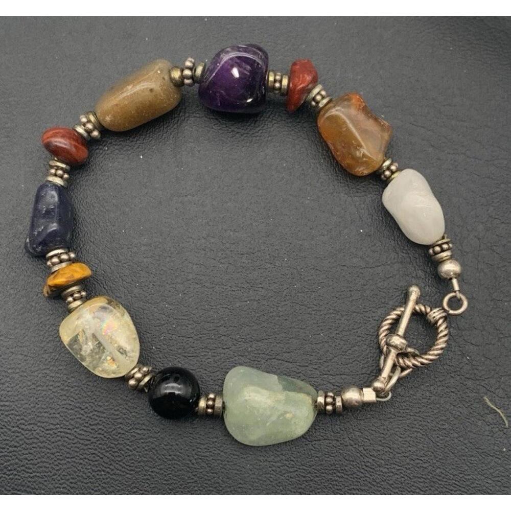 Mixed Multi Gem Stone Bracelet Silver Tone Toggle Closure Cold To Touch‎